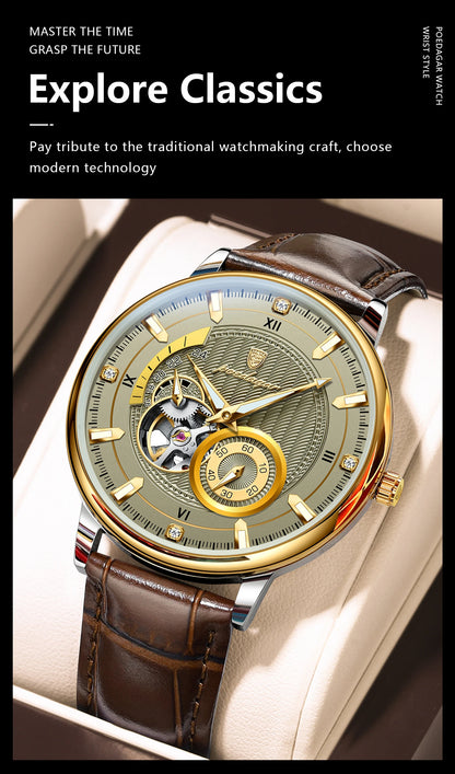 POEDAGAR Fashion Business Men Watch Waterproof Luminous Hollow Tourbillon Male Clock Automatic Mechanical Leather Men's Watches Beauty World Shop