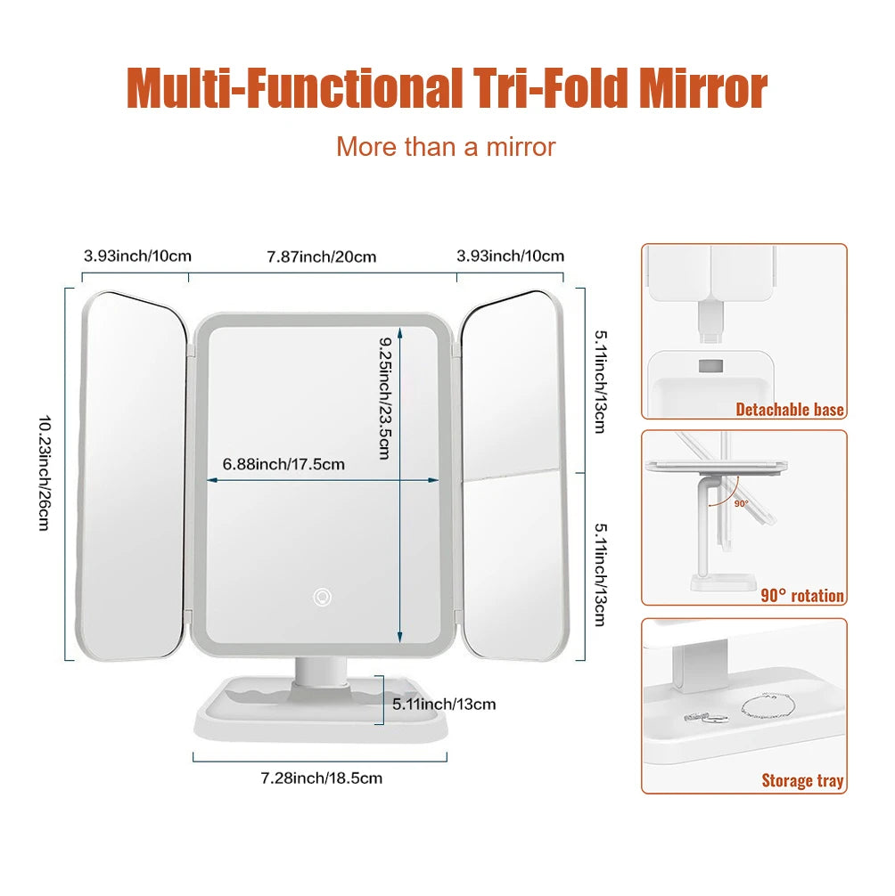 Trifold Makeup Mirror LED Lights Dorm Dressing Mirror Beauty Light up your fill light with Smart Complementary Makeup Mirror Tri Beauty World Shop