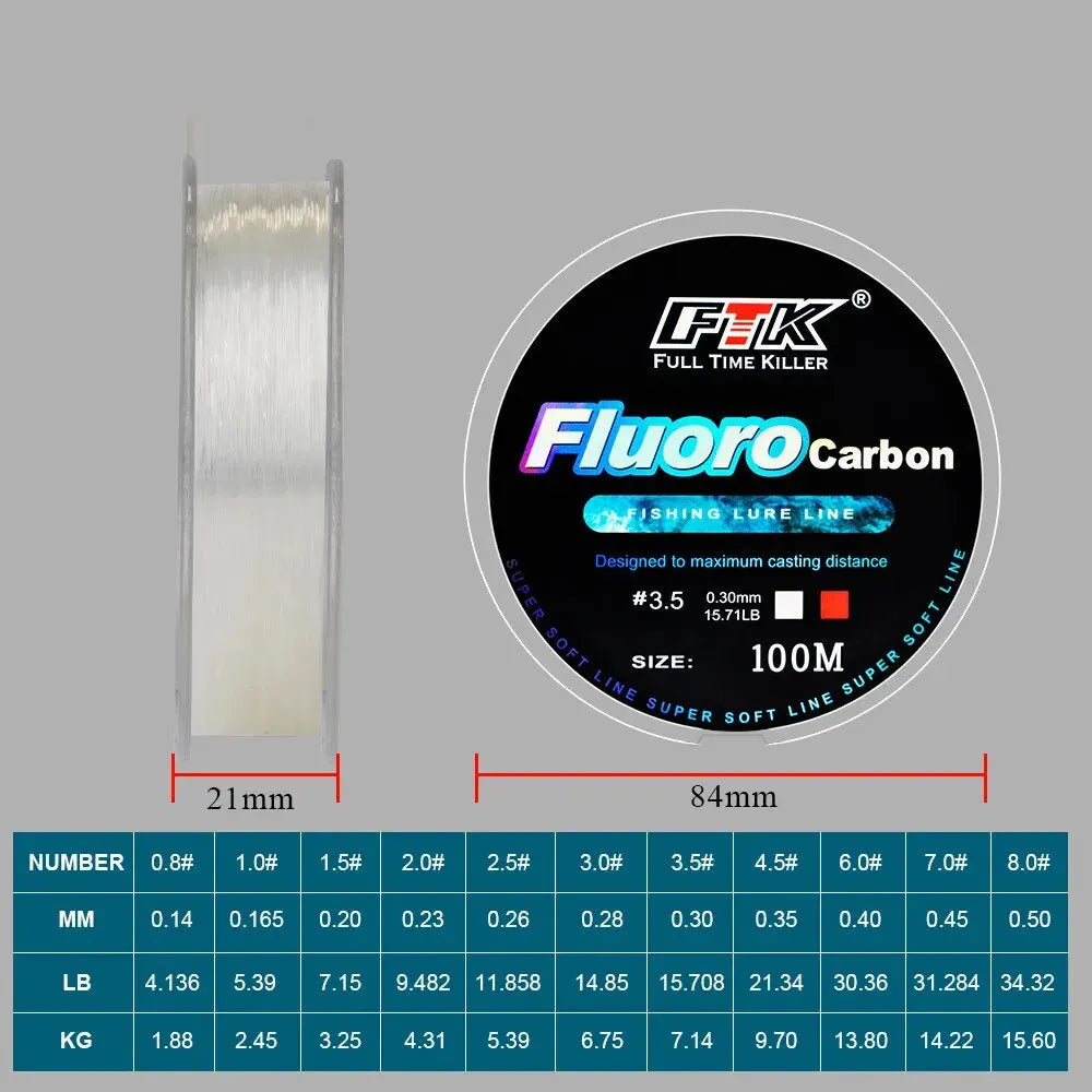 100m Fluorocarbon Bait Fishing Line, Carbon Fiber Fly Fishing, Wild Fishing, Sea Fishing, Fishing Accessories, Tools, Outdoor Beauty World Shop