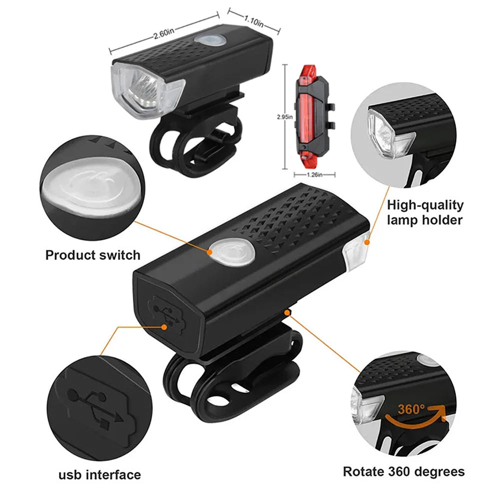 Bicycle Front Rear Light Set LED Rechargeable MTB Bike Head Light Cycling Red Warning Tail Light Accessories for Night Riding Beauty World Shop