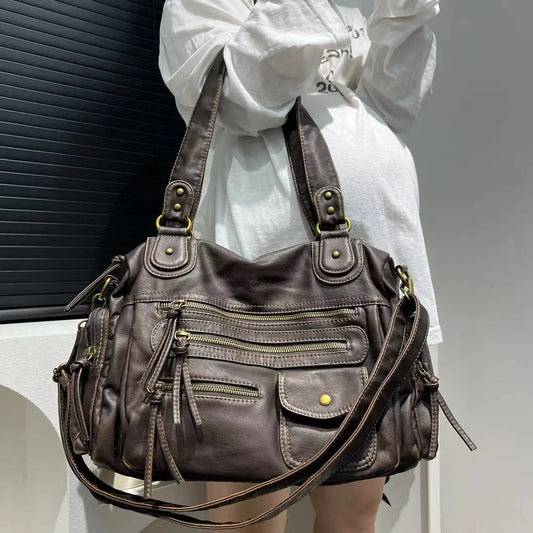 Y2K Hot Girl Single Shoulder Crossbody Bag Vintage Washed Leather Motorcycle Bag Large Capacity Multi Pocket Bag Beauty World Shop