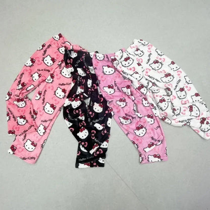 2024 Sanrio Hello Kitty Pajamas Halloween Flannel Fashion Trouserswomen Kawaii Woolen Anime Cartoon Casual Home Pants Autumn Beauty Fashion
