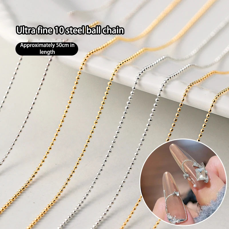 50cm 0.8mm Gold Silver Nail Bead Chain Charm Ellipse Stone Nail Art Decorations Giltter Metal Steel Ball Jewelry Accessory Beauty World Shop