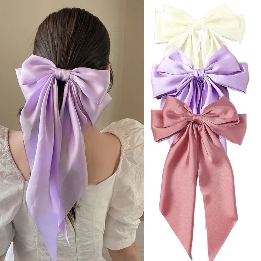 Korean Accessories Hair Clips for Women Girls Big Bowknot Solid Satin Long Ribbon Bows Spring Clamp Barette Cheveux Femme 2023 Beauty World Shop