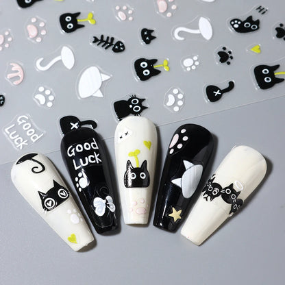 2pcs Black Cat Nail Stickers 3D Cute Cartoon Animal 3D Self-Adhesive Nail Art Decals Sliders Decorations Manicure Accessories Beauty World Shop