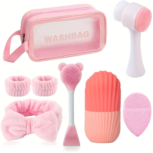 8-piece silicone skincare set with ice roller and cold compress mask - pink and white two-tone facial spa set, skincare tools Beauty World Shop