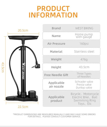 WEST BIKING Bicycle Pump 160PSI Portable Stainless Steel Bike Pump Schrader Presta Valve Inflator Mountain Road Bike Accessories Beauty World Shop