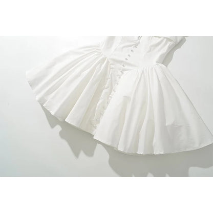 YENKYE Summer Women Sexy Fit And Flare White Mini Dresses Short Sleeve Low Waist Elegant Party Dress Ladies Bridesmaids Robe Beauty World Shop