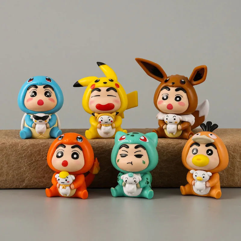 6pcs/set Crayon Shin-chan COS Pokemon Psyduck Pikachu Eevee Charmander Bulbasaur Squirtle Anime Figure Cute Doll Model Toys Beauty World Shop