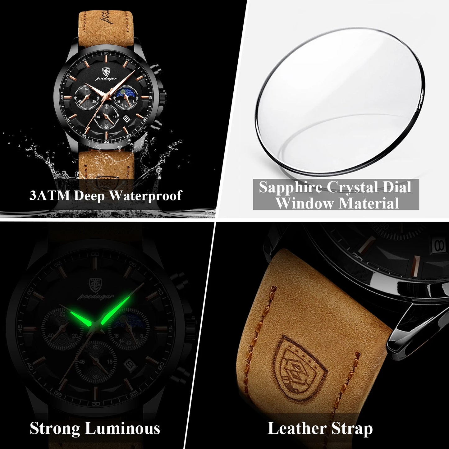 POEDAGAR Original Military Men Clock Waterproof Luminous Leather Quartz Man Watch Chronograph Date Luxury Business Men's Watches Beauty World Shop