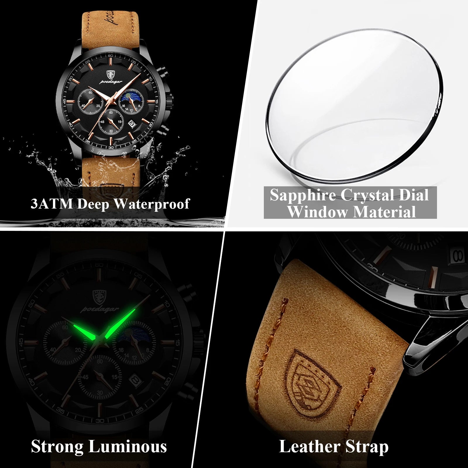 POEDAGAR Original Military Men Clock Waterproof Luminous Leather Quartz Man Watch Chronograph Date Luxury Business Men's Watches Beauty World Shop