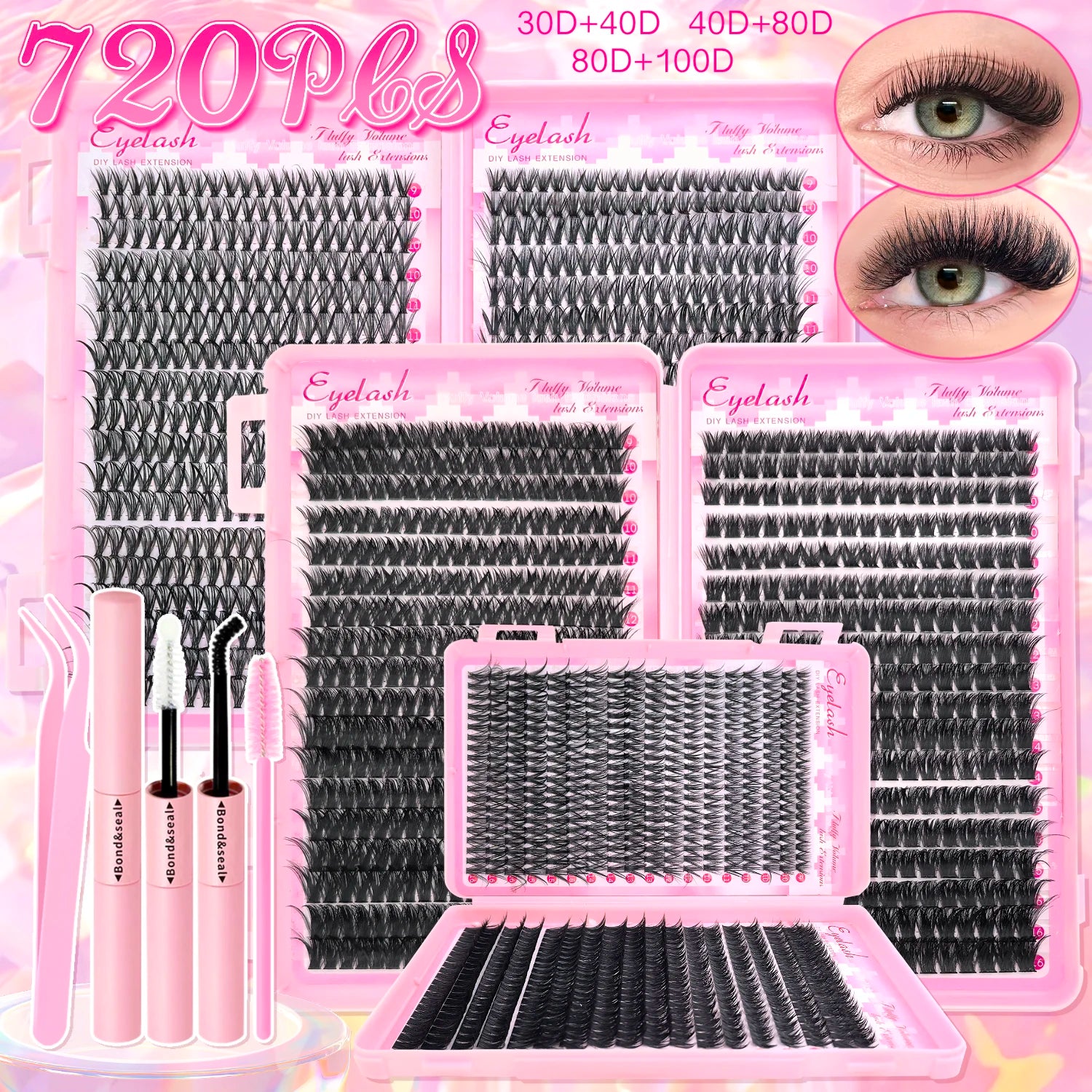 DIY Lash Extension Kit Clusters Individual Eyelashes Kit 9-16mm with Bond and Seal Wispy Natural Mange Lashes Beauty World Shop