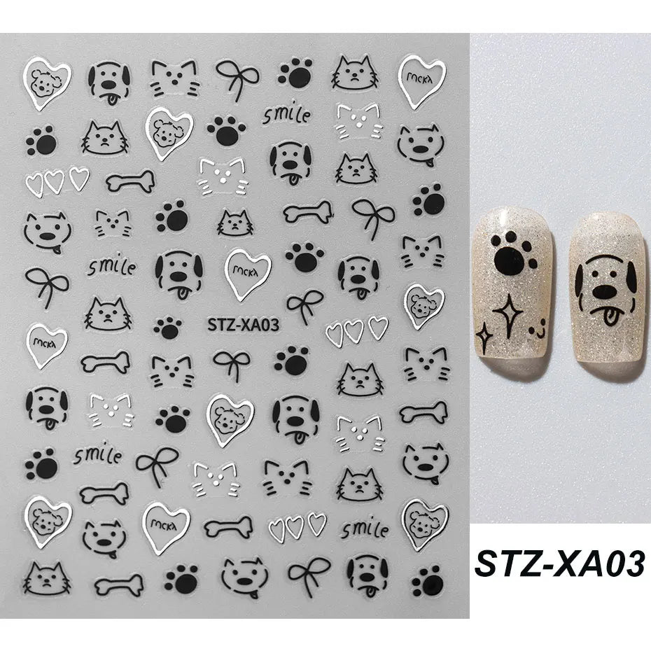 2pcs 3D Cute Silver Smile Dog Decals Y2K Cartoon Cat Footprint Nail Stickers Graffiti Star Heart Bowknot Manicure Slider Decor Beauty World Shop