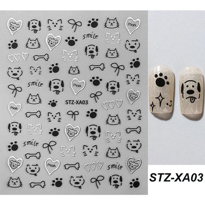 2pcs 3D Cute Silver Smile Dog Decals Y2K Cartoon Cat Footprint Nail Stickers Graffiti Star Heart Bowknot Manicure Slider Decor Beauty World Shop