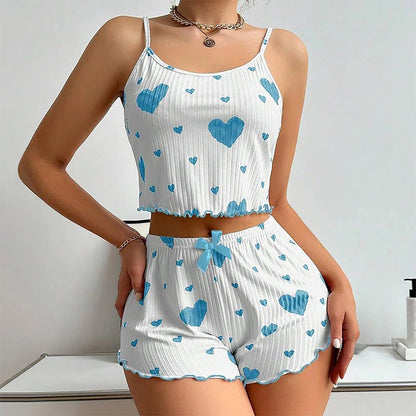 Women's Pajamas Set Sleepwear 2 PCS Short Tank Tops And Shorts S M L White Ventilate Soft Casual Love Printing Beauty World Shop