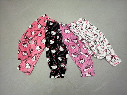 2024 Sanrio Hello Kitty Pajamas Halloween Flannel Fashion Trouserswomen Kawaii Woolen Anime Cartoon Casual Home Pants Autumn Beauty Fashion