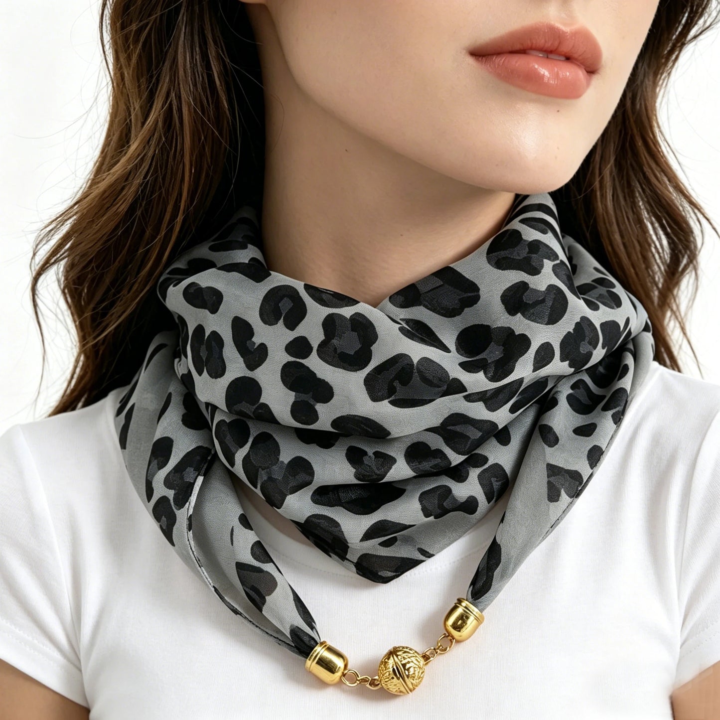 Leopard Print Magnetic Buckle Scarf, 60cm Square Thin Chiffon Neck Scarf, Quick & Easy Wear Fastening Neck Wrap,Decorative Scarf Beauty World Shop