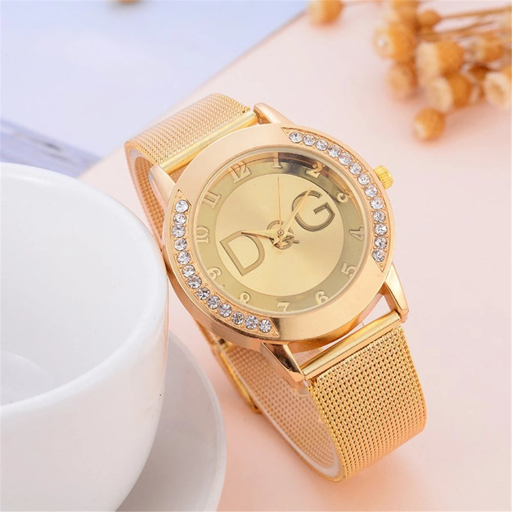 Fashion DQG Brand Starry Sky Diamond encrusted Women's Quartz Watch Casual Stainless Steel Gold Mesh Strap Women's Dress Watches Beauty World Shop