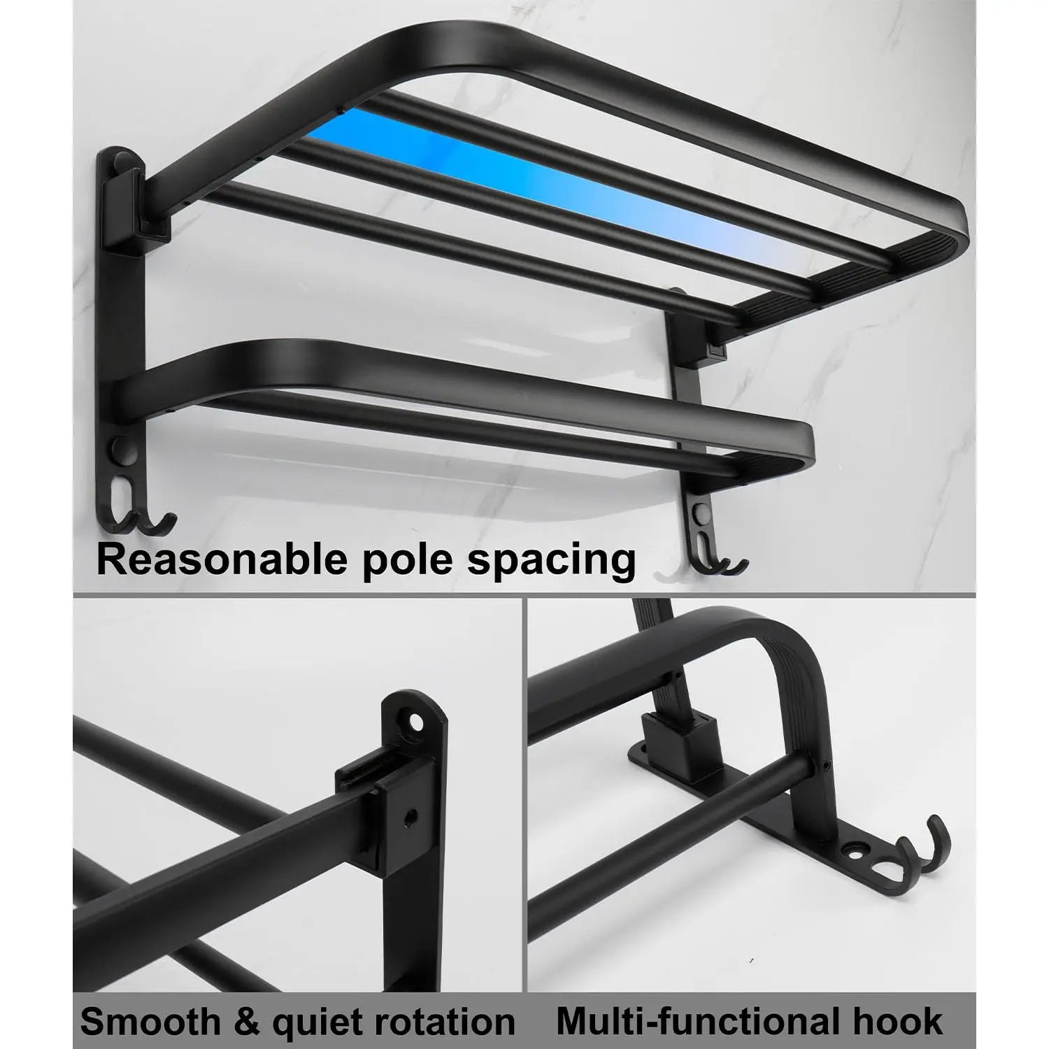 50CM Matte Black Folding Holder With Hook Towel Holder Wall Mount AluminumTowel Rack Bathroom shower rack Bathroom Accessories Beauty World Shop