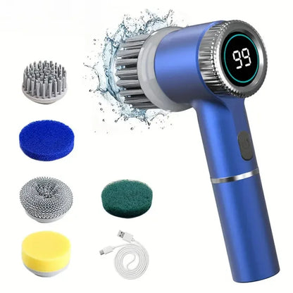Electric Cleaning Brush LED Display with 5 Replaceable Brush Heads 3-speed Adjustable Cleaning Tool For Kitchen Bathroom