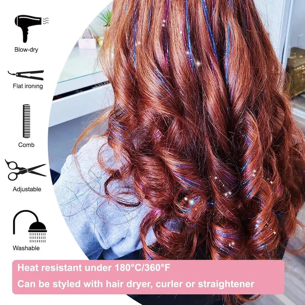 20 Inch Glitter Tinsel Hair Extensions with Clips In, 6Pcs/Set Synthetic Clip in Sparkle Fairy Hair Accessories for Women Kids Beauty World Shop