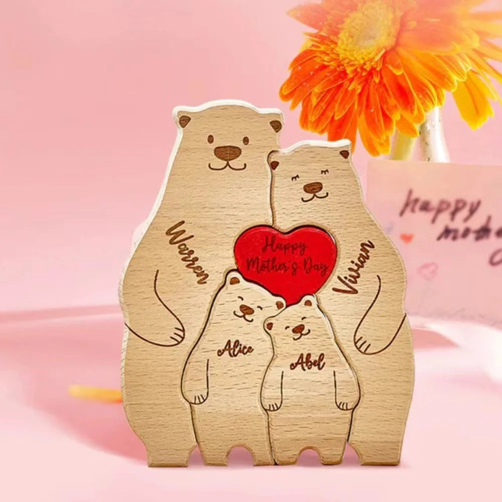 Personalized Family Bear Puzzle Decor Custom Names Fits 2-6 Names Rustic Wooden Bears Seasonal Décor for Mother's & Father's Day Beauty World Shop
