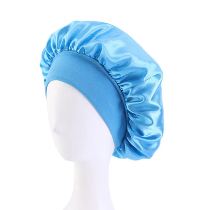 New Women's Satin Solid Wide-brimmed Sleeping Hat Unisex Head Wrap Elastic Band Cap Hair Care Bonnet Night Hat bonnet de nuit Beauty Fashion