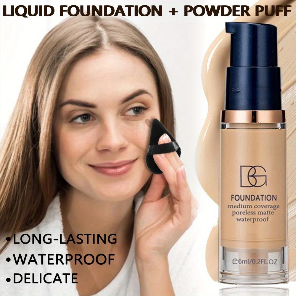 2Pcs Full Coverage Waterproof Liquid Foundation&Black Triangular Powder Puff-LongLasting Matte Finish Dark Circle&Blemish Cover Beauty World Shop