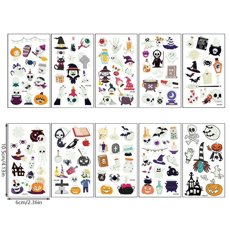 10Sheets Halloween Luminous Tattoo Stickers Ghost Pumpkin Kids Adults Halloween Party Decoration Glow In The Dark Supplies Gifts Beauty World Shop