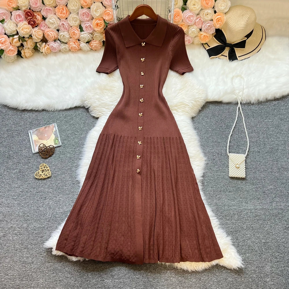 YuooMuoo Brand Fashion Vintage Turn-down Collar Knit Maxi Dress Elegant Single-breasted A-line Long Shirt Dress Lady Vestidos Beauty World Shop
