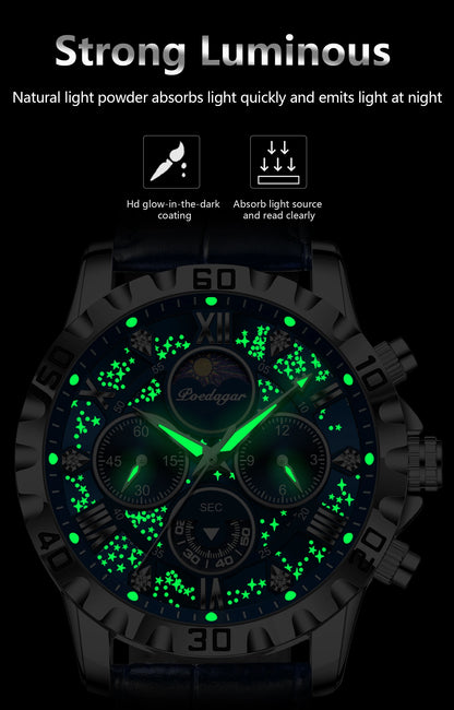 POEDAGAR Top Functional Luxury Man Wristwatch Waterproof Luminous Chronograph Leather Sports Watches For Men Quartz Men's Watch Beauty World Shop