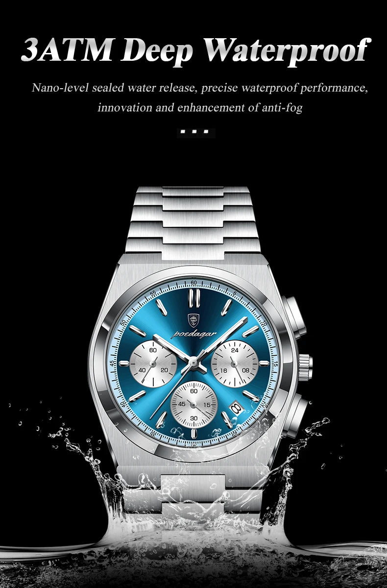 POEDAGAR Fashion Man Watches Chronograph Date Stainless Steel Casual Men Wristwatch Waterproof Luminous Men's Quartz Watch Reloj Beauty World Shop