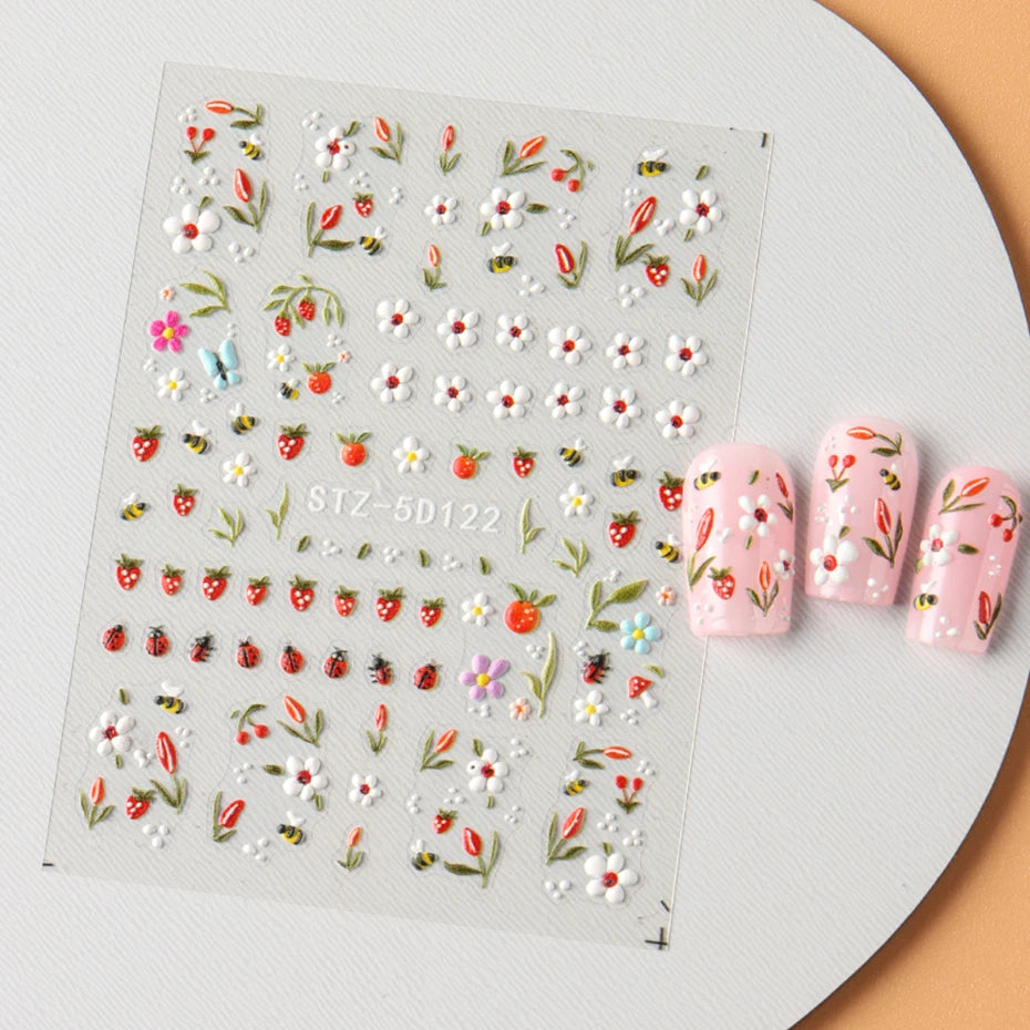 5D Embossed Kawaii Ladybug Sliders Spring White Daisy Flowers Nail Stickers DIY Simple Petals Wedding Nails Decals Accesories Beauty World Shop