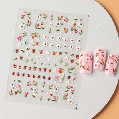 5D Embossed Kawaii Ladybug Sliders Spring White Daisy Flowers Nail Stickers DIY Simple Petals Wedding Nails Decals Accesories Beauty World Shop