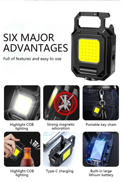 XPE Pocket Work Light 1000LM COB LED Mini Keychain Light USB Rechargeable Flashlight IPX4 Waterproof for Outdoor Camping Hiking Beauty Fashion