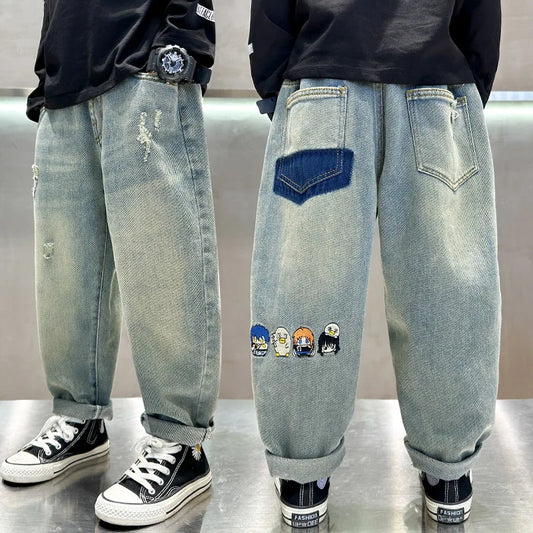 Teen Boys Jeans Spring Fall Children's Trousers Loose Fashion Cartoon Ripped Hole Toddler Korean Kids Casual Denim Pants 5-14 Y THee STORE