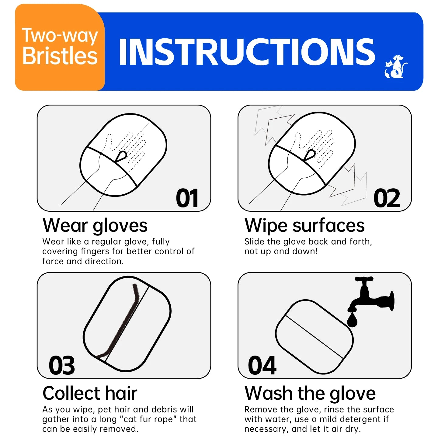Pet Grooming Gloves Cats Hair Brush Pet Hair Removal Gloves Dual Brush Static-Free Cat Hair Cleaning Tool Hair Stripping Mitts Beauty World Shop