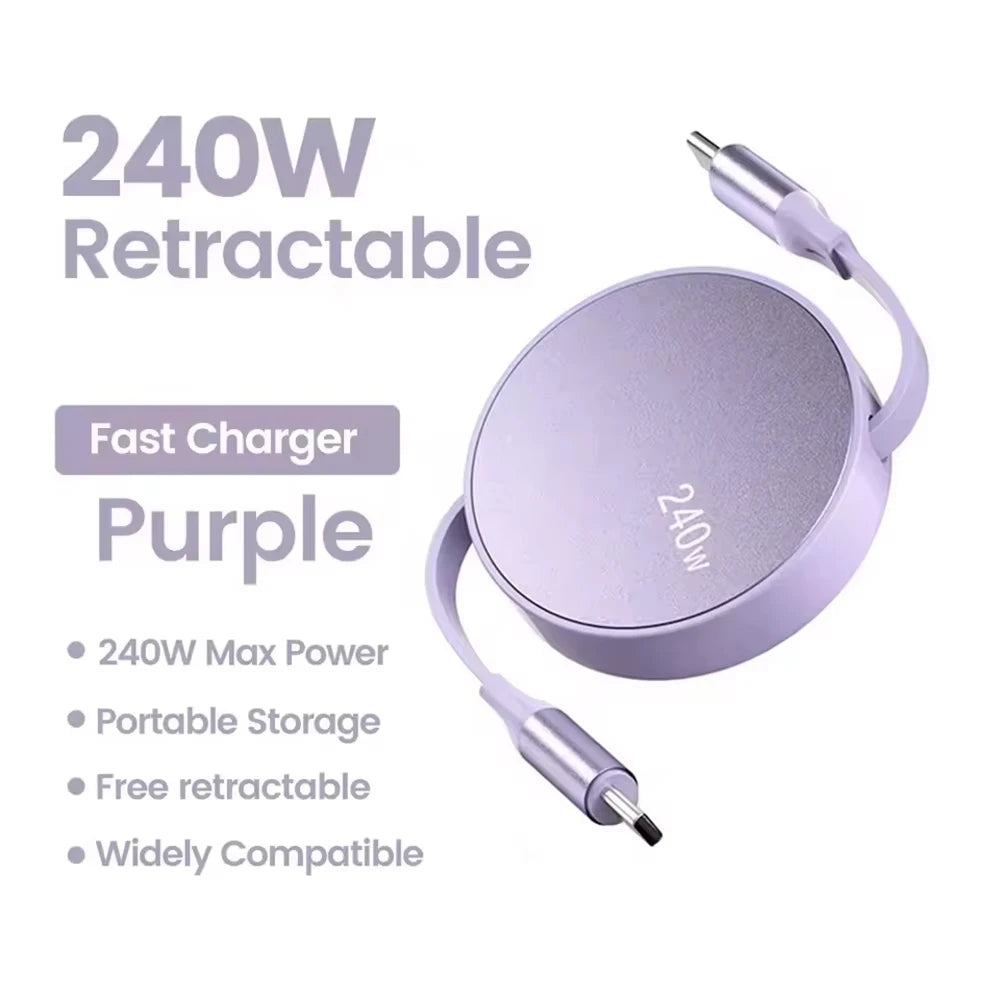 USB-C to USB-C Retractable PD240W Fast Charging Type-C Data Cable 1M Mobile Phone Charging Wire for iPhone 15/16 Xiaomi Samsung Beauty World Shop