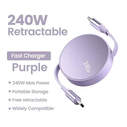 USB-C to USB-C Retractable PD240W Fast Charging Type-C Data Cable 1M Mobile Phone Charging Wire for iPhone 15/16 Xiaomi Samsung Beauty World Shop