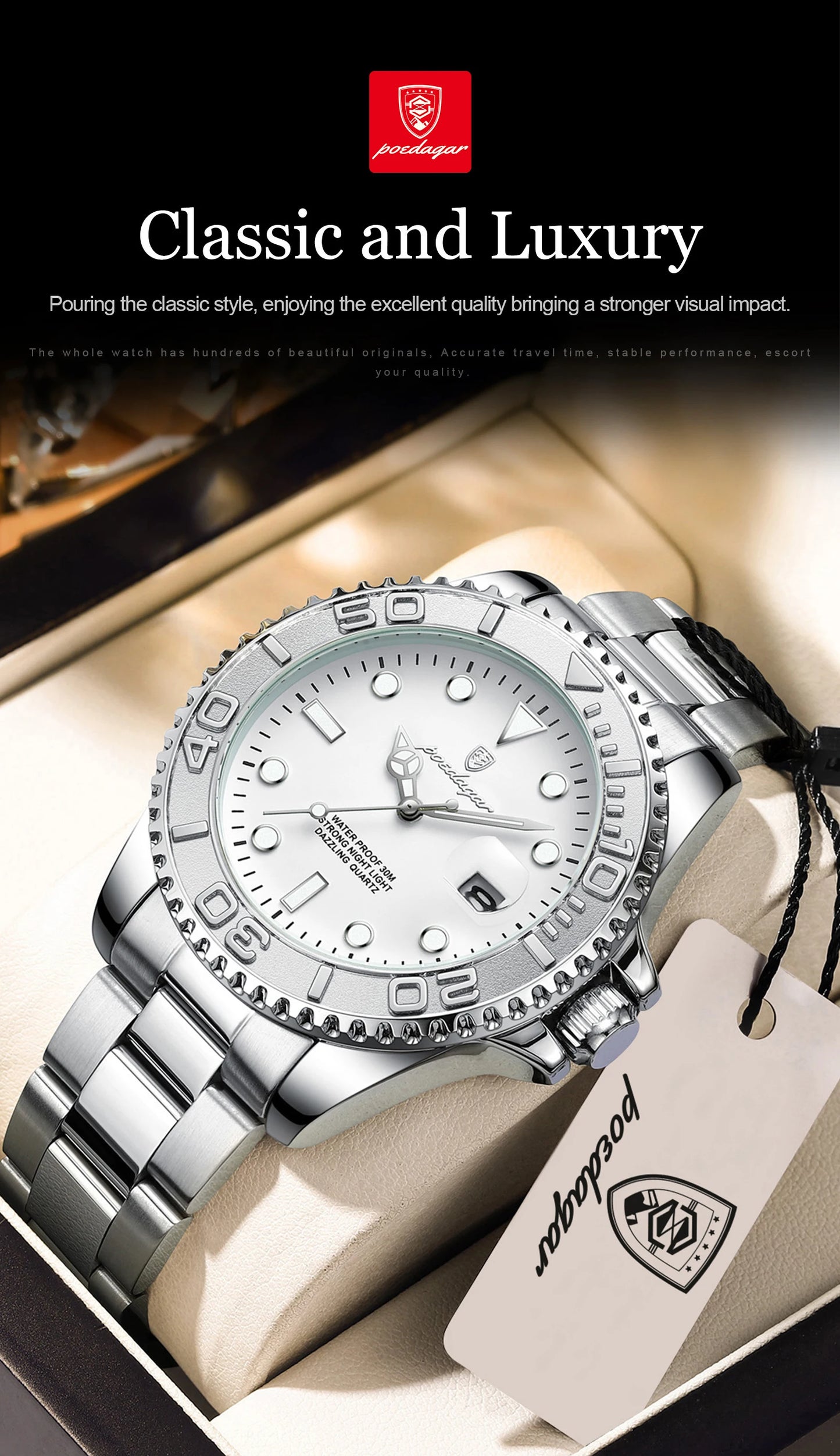 POEDAGAR Casual Fashion Man Wristwatch Waterproof Luminous Date Exquisite Men Watch Stainless Steel Classic Men's Quartz Watches Beauty World Shop