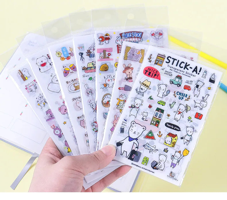 6Pcs/Lot Waterproof Cartoon Transparent Pvc Stickers DIY Hand Account Diary Decorative Stickers Kawaii Phone Cup Stickers Beauty World Shop