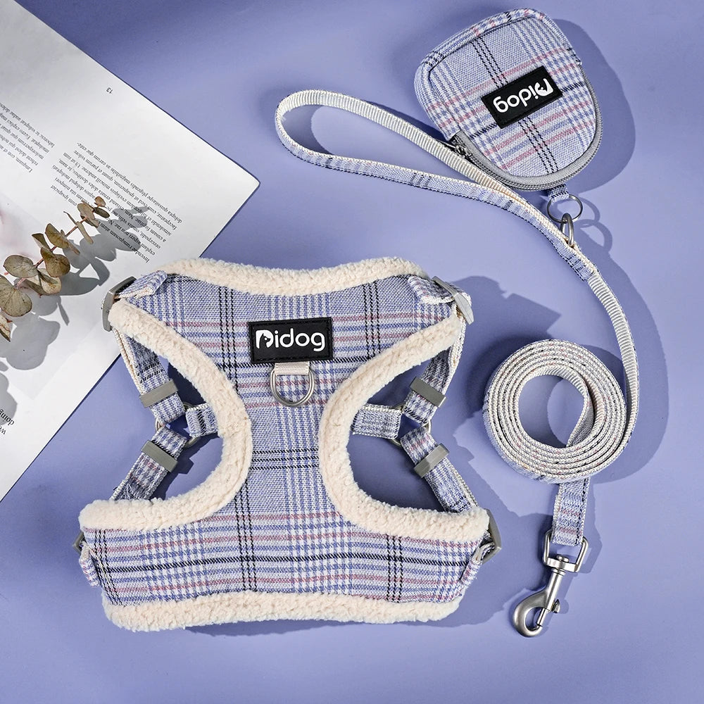 Breathable Dog Harness Leash Bag Set Winter Warm Dog Fur Harnesses Vest Pet Walking Rope With Garbage Bag for Small Medium Dogs