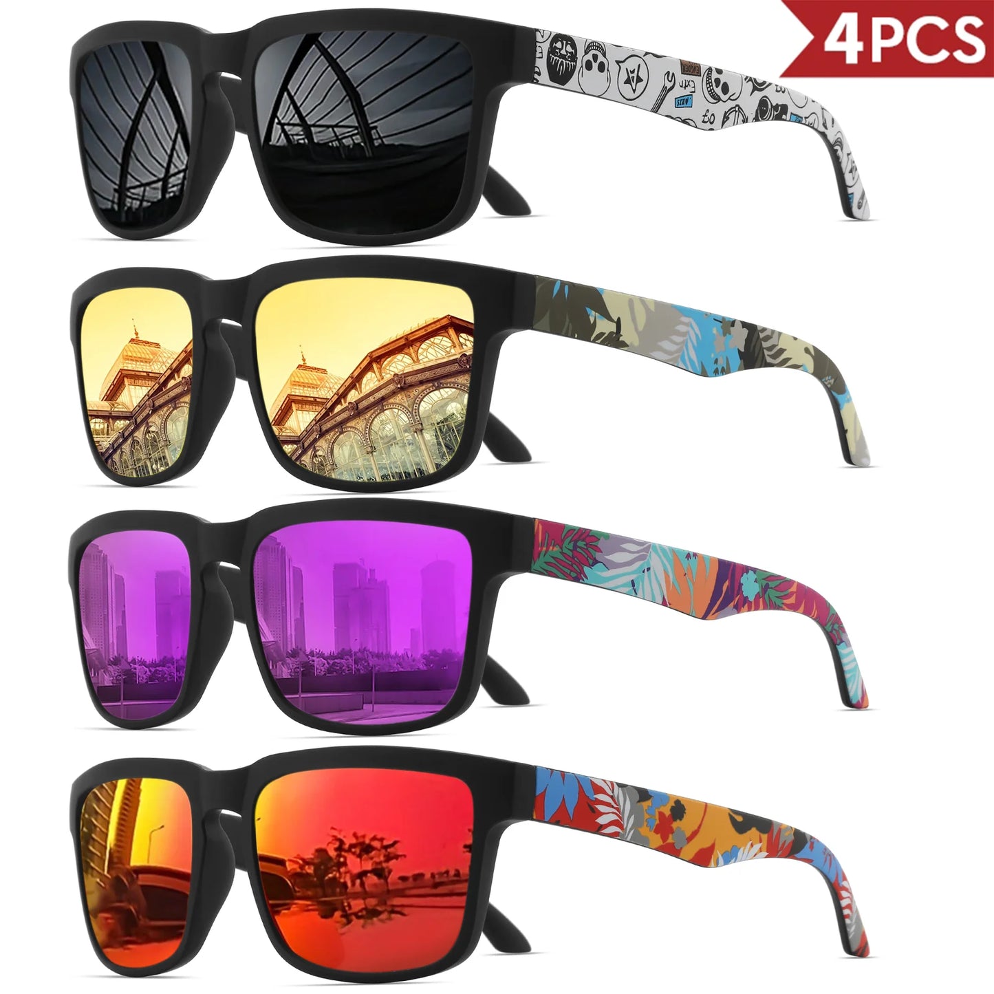 4PCS Square Sports Sunglasses with Designer Temple Pattern - UV400 for Men Women, Beach Vacation Beauty World Shop
