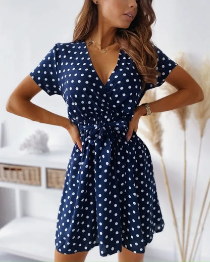 Summer Women's Polka Dot Printed Short Sleeved Casual Dress Fashionable V-neck Belt Commuting Dress Holiday Party Women's Dress Beauty World Shop