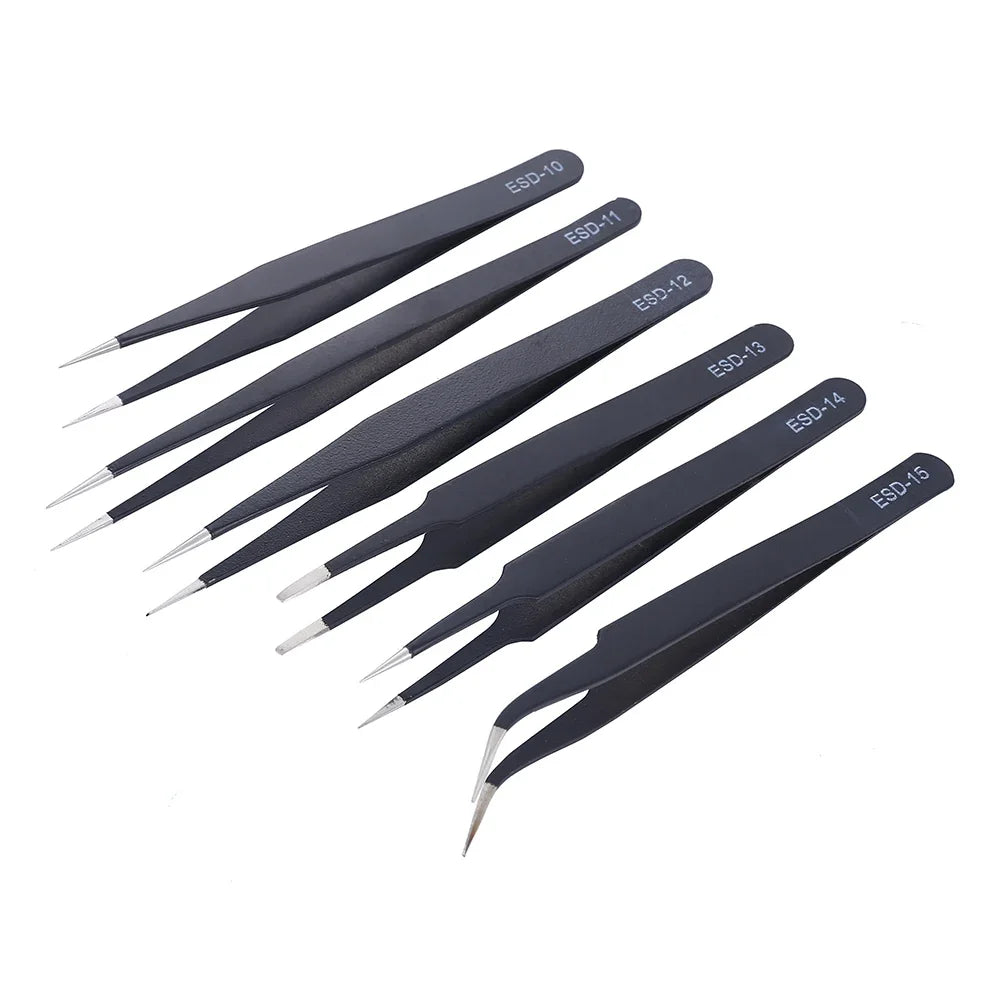 6Pcs Anti-static ESD Tweezers Maintenance Tool Industrial Precision Curved Straight Tweezers Repair Tools Set Beauty World Shop