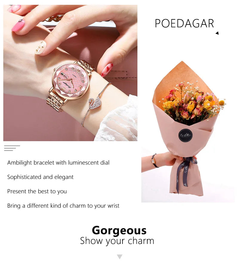 POEDAGAR Top Elegant Women's Watches Stainless Steel Date Week Woman Watch Waterproof Luminous Fashion Ladies Watch Quartz Reloj Beauty World Shop