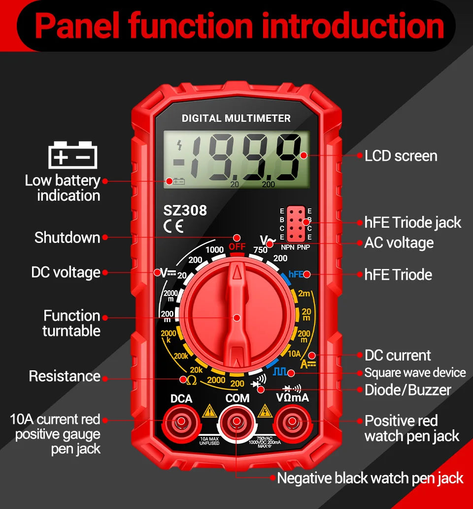 ANENG SZ308 Digital Multimeter   AC/DC Current Meter Voltage Resistance Meter Electrician LCD Backlight Ohm Square Wave Test Beauty World Shop
