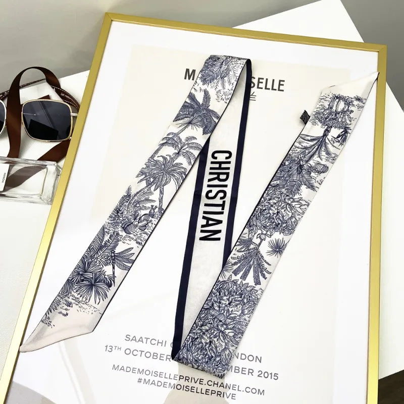 120*5cm Plant Jungle Printed Scarf for Women's Spring Summer New Model Emulated Silk Streamer Fashionable Retro Hairband Streame Beauty World Shop