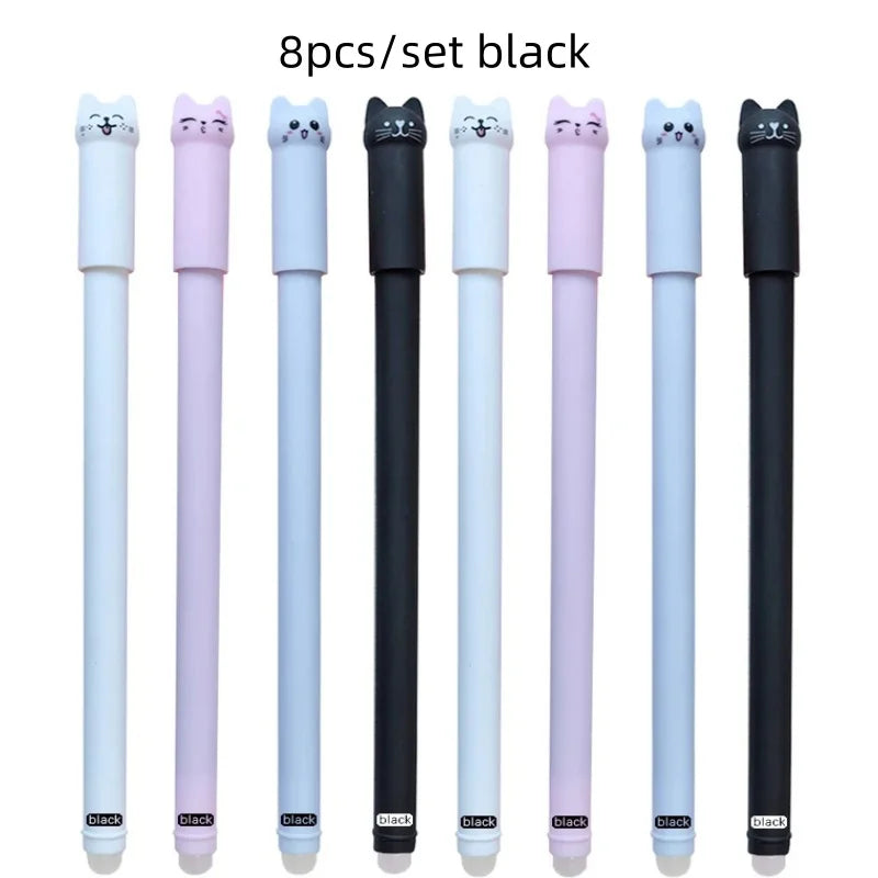 4/8/12pcs Creative Cat Erasable Gel Pens Set 0.5mm Washable Handle Magical Blue/Black Ink Erasable Refills Rod Writing Stationer Beauty World Shop