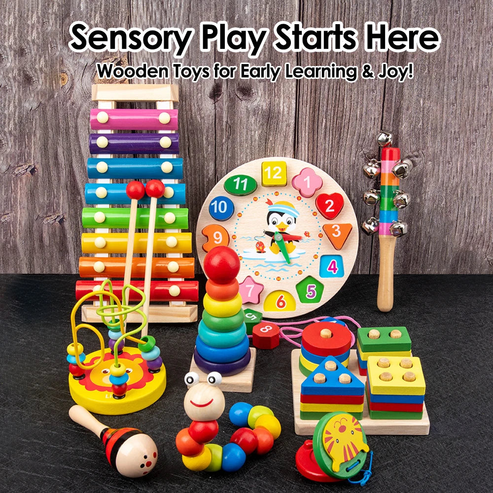 Montessori Baby Toys 9 in 1 Wooden Musical Set: Xylophone Rattle Drum Bell 3D Puzzles Sensory Learning Gifts for 0-12 Months 1-3 Beauty Fashion